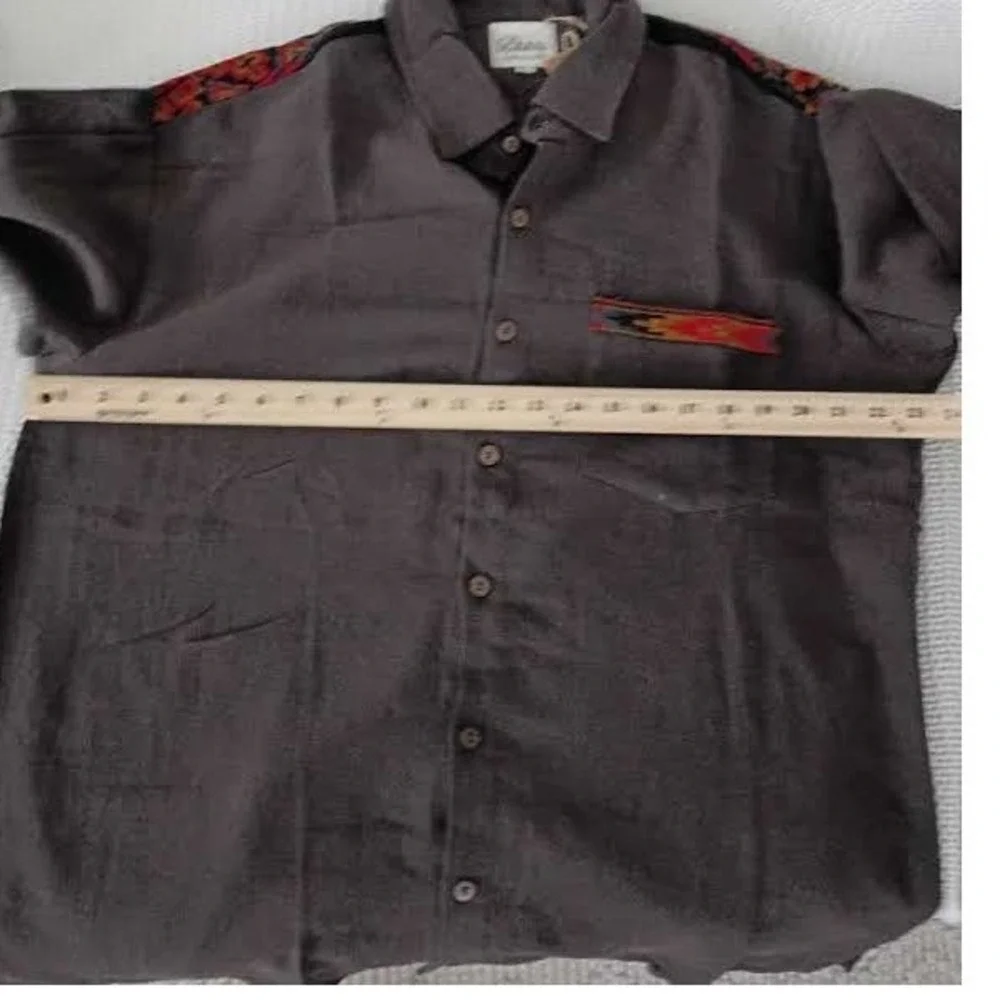 Rhea‎ Mens XL Brown 100% Cotton Boho Southwestern Embroidered Button Down Shirt